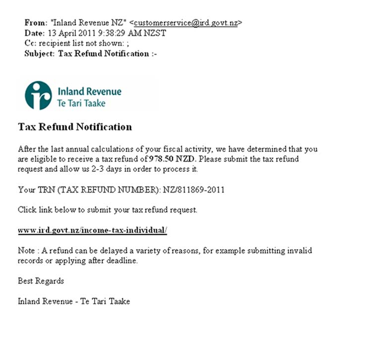 An online phishing scam email - example 1
